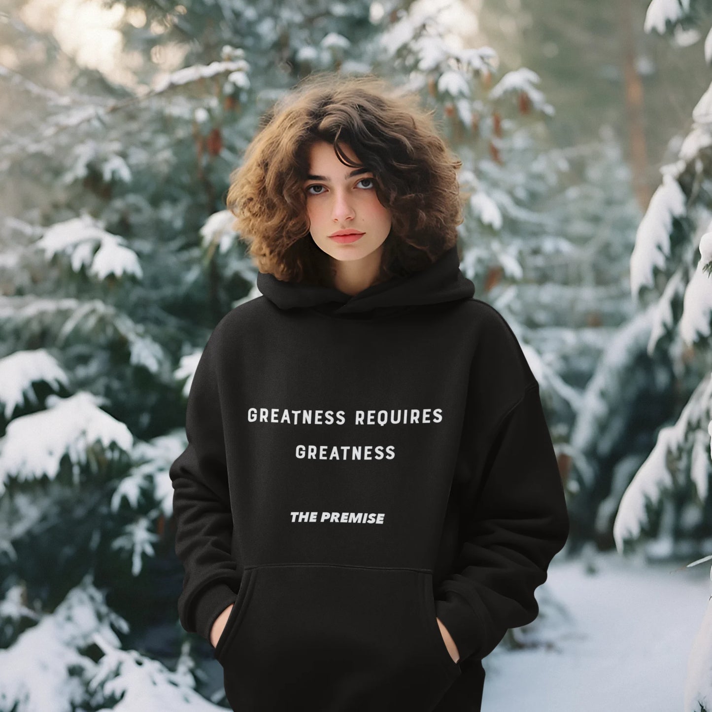 A woman wearing a black 'Greatness Requires Greatness' hoodie, standing in a snowy pine forest, exuding confidence and ambition.